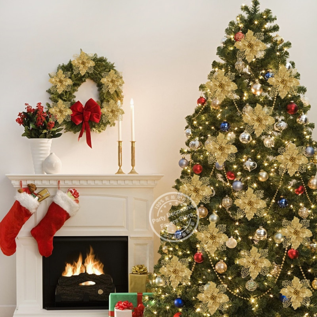 Kit Com 5 Flores Artificiais Dourada Para Enfeitar Árvore de Natal