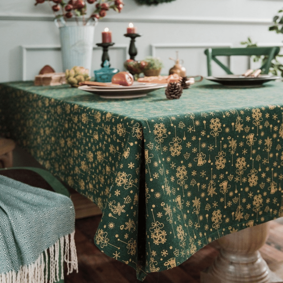 Toalha de Mesa de Natal Retangular em Linho Verde e Dourado