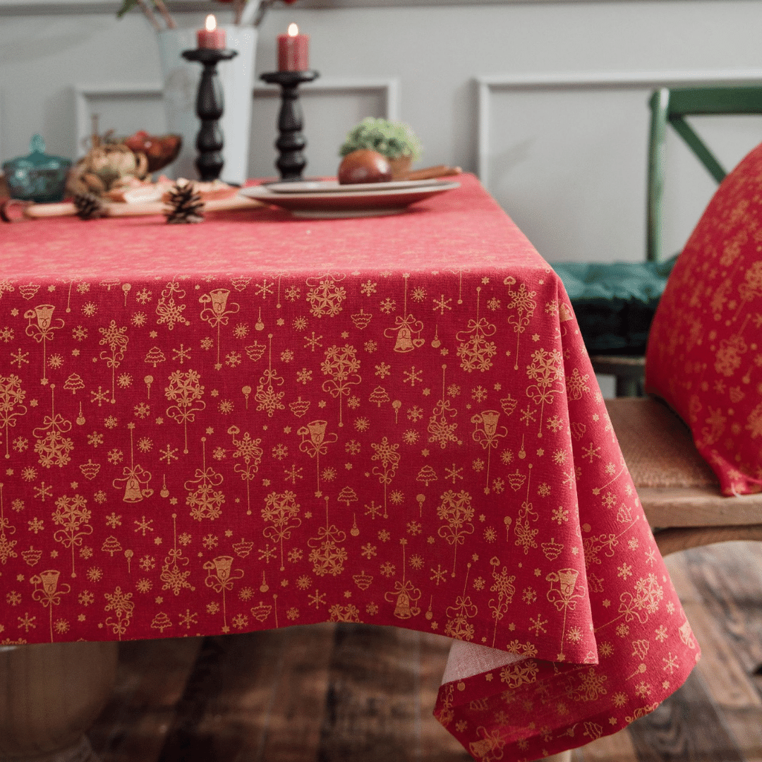 Toalha de Mesa de Natal Retangular em Linho Vermelho e Dourado