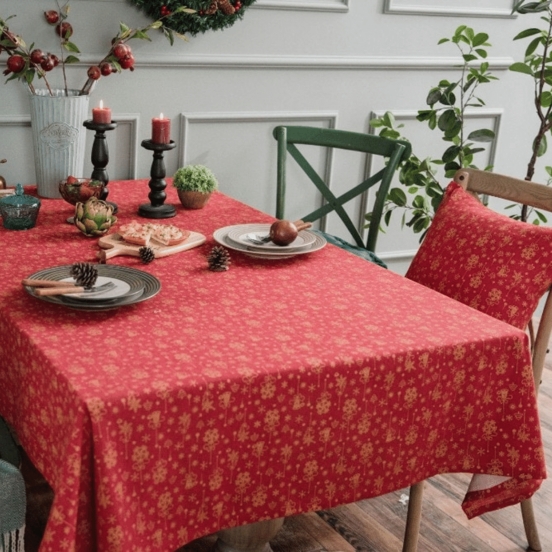 Toalha de Mesa de Natal Retangular em Linho Vermelho e Dourado