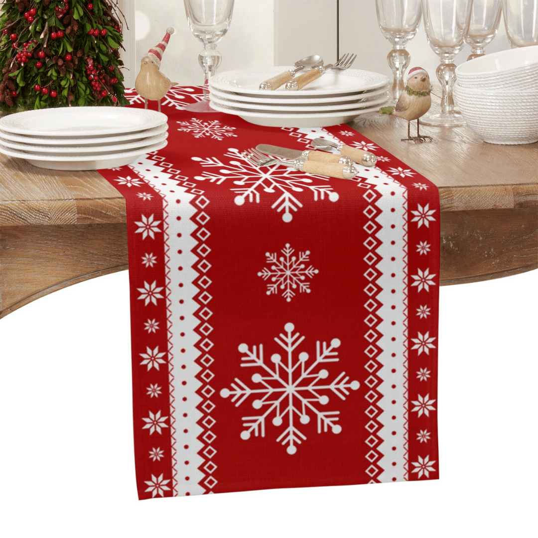 Trilho de Mesa Natalino Floco de Neve Vermelho e Branco